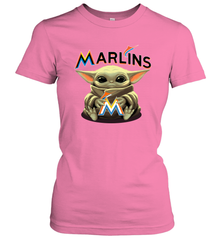 Baby Yoda Hugs Loves The Miami Marlins Baseball Womens T-Shirt Womens T-Shirt - VeigarTee