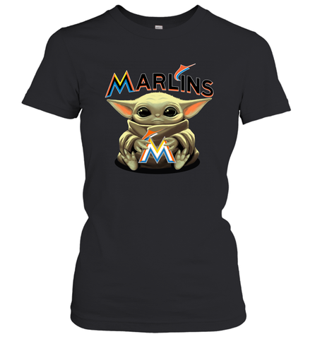 Baby Yoda Hugs Loves The Miami Marlins Baseball Womens T-Shirt Womens T-Shirt / Black / XS Womens T-Shirt - VeigarTee