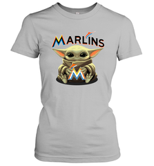Baby Yoda Hugs Loves The Miami Marlins Baseball Womens T-Shirt Womens T-Shirt - VeigarTee