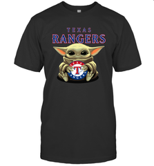 Baby Yoda Hugs Loves The Texas Rangers Baseball Mens T-Shirt Mens T-Shirt - VeigarTee