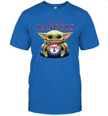 Baby Yoda Hugs Loves The Texas Rangers Baseball Mens T-Shirt Mens T-Shirt - VeigarTee