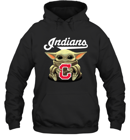 Baby Yoda Hugs Loves The Cleveland Indians Baseball Adult Hoodie Sweatshirt Adult Hoodie Sweatshirt / Black / S Adult Hoodie Sweatshirt - VeigarTee