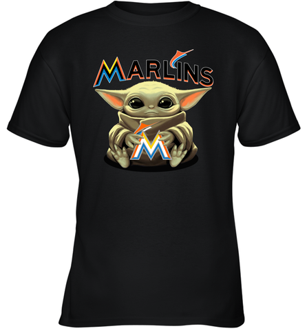 Baby Yoda Hugs Loves The Miami Marlins Baseball Youth T-Shirt Youth T-Shirt / Black / XS Youth T-Shirt - VeigarTee
