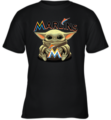 Baby Yoda Hugs Loves The Miami Marlins Baseball Youth T-Shirt Youth T-Shirt - VeigarTee