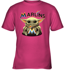 Baby Yoda Hugs Loves The Miami Marlins Baseball Youth T-Shirt Youth T-Shirt - VeigarTee