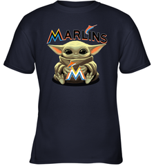 Baby Yoda Hugs Loves The Miami Marlins Baseball Youth T-Shirt Youth T-Shirt - VeigarTee