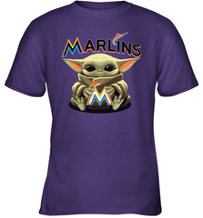 Baby Yoda Hugs Loves The Miami Marlins Baseball Youth T-Shirt Youth T-Shirt - VeigarTee