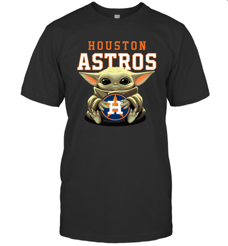Baby Yoda Hugs Loves The Houston Astros Baseball Mens T-Shirt Mens T-Shirt / Black / S Mens T-Shirt - VeigarTee