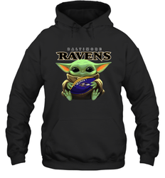 Baby Yoda Loves The Baltimore Ravens Star Wars Baby Yoda Hugs Ravens NFL Adult Hoodie Sweatshirt