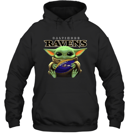 Baby Yoda Loves The Baltimore Ravens Star Wars Baby Yoda Hugs Ravens NFL Adult Hoodie Sweatshirt Adult Hoodie Sweatshirt / Black / S Adult Hoodie Sweatshirt - VeigarTee