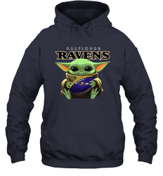 Baby Yoda Loves The Baltimore Ravens Star Wars Baby Yoda Hugs Ravens NFL Adult Hoodie Sweatshirt