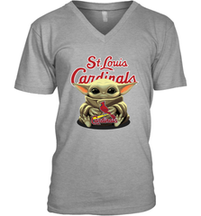 Baby Yoda Hugs Loves The St Louis Cardinals Baseball Mens V-Neck T-Shirt Mens V-Neck T-Shirt - VeigarTee
