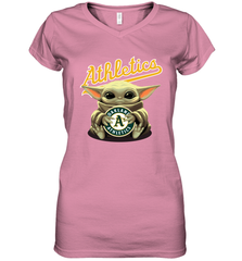 Baby Yoda Hugs Loves The Oakland Athletics Baseball Womens V-Neck T-Shirt Womens V-Neck T-Shirt - VeigarTee