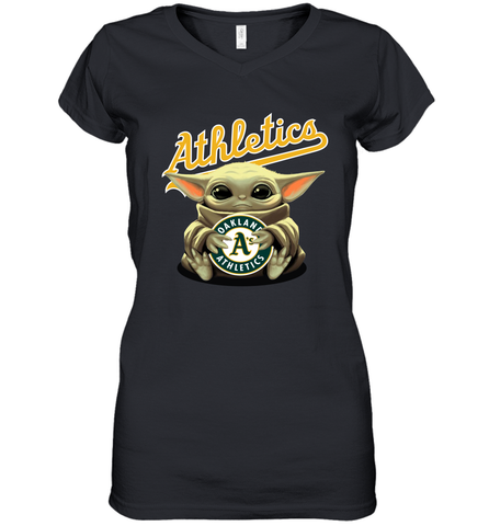 Baby Yoda Hugs Loves The Oakland Athletics Baseball Womens V-Neck T-Shirt Womens V-Neck T-Shirt / Black / S Womens V-Neck T-Shirt - VeigarTee