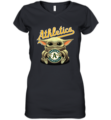 Baby Yoda Hugs Loves The Oakland Athletics Baseball Womens V-Neck T-Shirt Womens V-Neck T-Shirt - VeigarTee