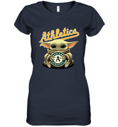 Baby Yoda Hugs Loves The Oakland Athletics Baseball Womens V-Neck T-Shirt