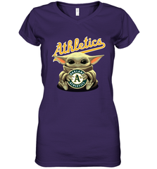 Baby Yoda Hugs Loves The Oakland Athletics Baseball Womens V-Neck T-Shirt Womens V-Neck T-Shirt - VeigarTee