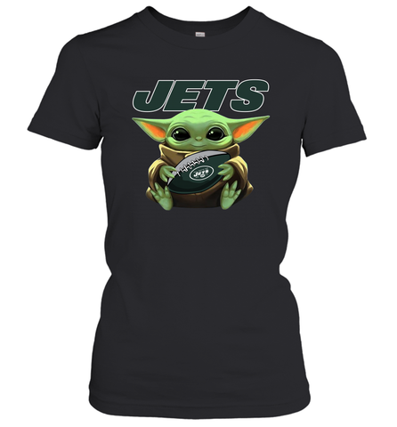 Baby Yoda Loves The New York Jets Star Wars Baby Yoda Hugs Jets NFL Womens T-Shirt Womens T-Shirt / Black / XS Womens T-Shirt - VeigarTee