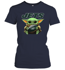 Baby Yoda Loves The New York Jets Star Wars Baby Yoda Hugs Jets NFL Womens T-Shirt Womens T-Shirt - VeigarTee