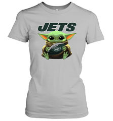 Baby Yoda Loves The New York Jets Star Wars Baby Yoda Hugs Jets NFL Womens T-Shirt Womens T-Shirt - VeigarTee