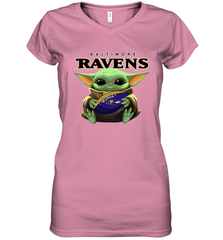 Baby Yoda Loves The Baltimore Ravens Star Wars Baby Yoda Hugs Ravens NFL Womens V-Neck T-Shirt Womens V-Neck T-Shirt - VeigarTee