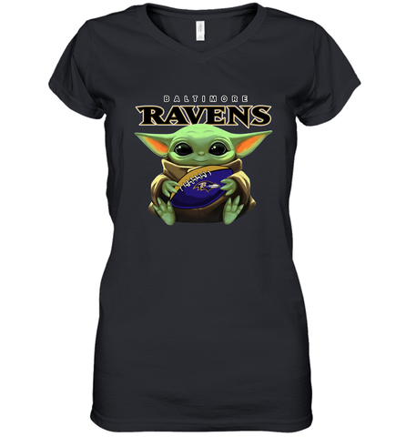 Baby Yoda Loves The Baltimore Ravens Star Wars Baby Yoda Hugs Ravens NFL Womens V-Neck T-Shirt Womens V-Neck T-Shirt / Black / S Womens V-Neck T-Shirt - VeigarTee