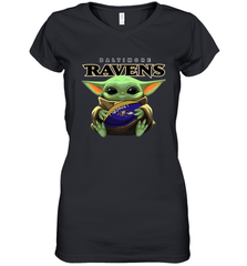 Baby Yoda Loves The Baltimore Ravens Star Wars Baby Yoda Hugs Ravens NFL Womens V-Neck T-Shirt Womens V-Neck T-Shirt - VeigarTee