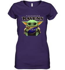 Baby Yoda Loves The Baltimore Ravens Star Wars Baby Yoda Hugs Ravens NFL Womens V-Neck T-Shirt Womens V-Neck T-Shirt - VeigarTee