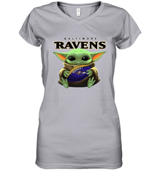 Baby Yoda Loves The Baltimore Ravens Star Wars Baby Yoda Hugs Ravens NFL Womens V-Neck T-Shirt Womens V-Neck T-Shirt - VeigarTee