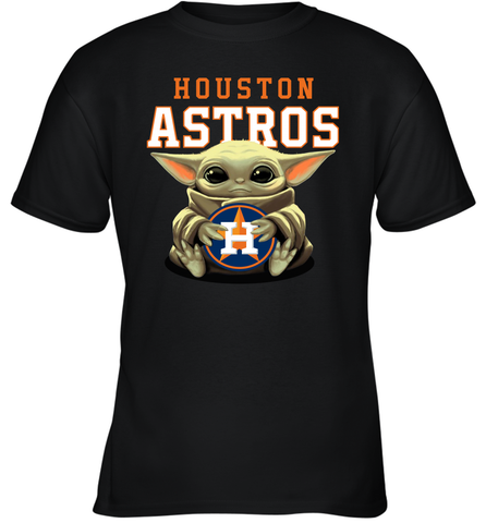 Baby Yoda Hugs Loves The Houston Astros Baseball Youth T-Shirt Youth T-Shirt / Black / XS Youth T-Shirt - VeigarTee