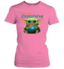 Baby Yoda Loves The Miami Dolphins Star Wars Baby Yoda Hugs Dolphins NFL Womens T-Shirt Womens T-Shirt - VeigarTee
