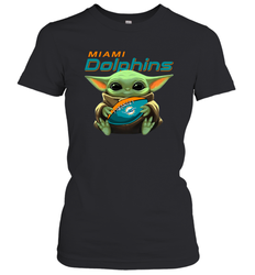 Baby Yoda Loves The Miami Dolphins Star Wars Baby Yoda Hugs Dolphins NFL Womens T-Shirt