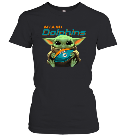 Baby Yoda Loves The Miami Dolphins Star Wars Baby Yoda Hugs Dolphins NFL Womens T-Shirt Womens T-Shirt / Black / XS Womens T-Shirt - VeigarTee