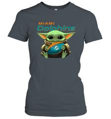 Baby Yoda Loves The Miami Dolphins Star Wars Baby Yoda Hugs Dolphins NFL Womens T-Shirt Womens T-Shirt - VeigarTee