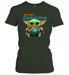 Baby Yoda Loves The Miami Dolphins Star Wars Baby Yoda Hugs Dolphins NFL Womens T-Shirt Womens T-Shirt - VeigarTee