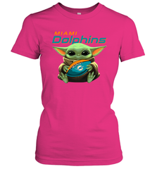 Baby Yoda Loves The Miami Dolphins Star Wars Baby Yoda Hugs Dolphins NFL Womens T-Shirt Womens T-Shirt - VeigarTee