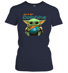 Baby Yoda Loves The Miami Dolphins Star Wars Baby Yoda Hugs Dolphins NFL Womens T-Shirt Womens T-Shirt - VeigarTee