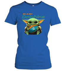 Baby Yoda Loves The Miami Dolphins Star Wars Baby Yoda Hugs Dolphins NFL Womens T-Shirt Womens T-Shirt - VeigarTee