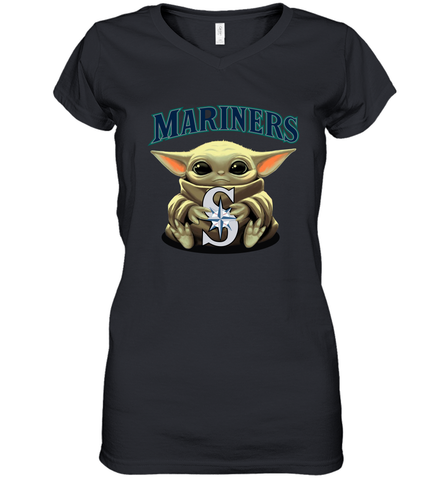 Baby Yoda Hugs Loves The Seattle Mariners Baseball Womens V-Neck T-Shirt Womens V-Neck T-Shirt / Black / S Womens V-Neck T-Shirt - VeigarTee