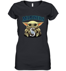 Baby Yoda Hugs Loves The Seattle Mariners Baseball Womens V-Neck T-Shirt Womens V-Neck T-Shirt - VeigarTee