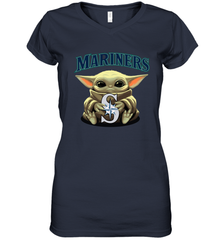 Baby Yoda Hugs Loves The Seattle Mariners Baseball Womens V-Neck T-Shirt Womens V-Neck T-Shirt - VeigarTee