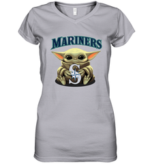 Baby Yoda Hugs Loves The Seattle Mariners Baseball Womens V-Neck T-Shirt Womens V-Neck T-Shirt - VeigarTee