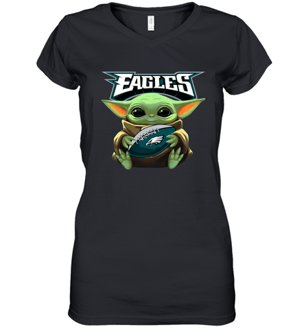 Baby Yoda Loves The Philadelphia Eagles Star Wars Baby Yoda Hugs Eagles NFL Womens V-Neck T-Shirt Womens V-Neck T-Shirt / Black / S Womens V-Neck T-Shirt - VeigarTee