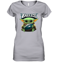 Baby Yoda Loves The Philadelphia Eagles Star Wars Baby Yoda Hugs Eagles NFL Womens V-Neck T-Shirt Womens V-Neck T-Shirt - VeigarTee