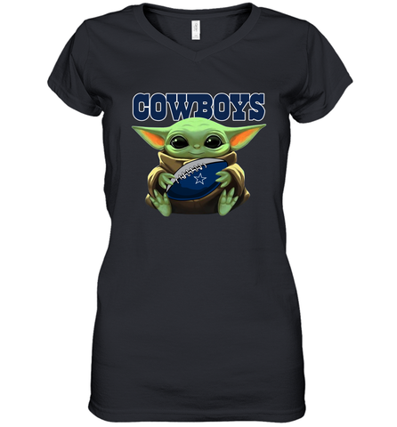Baby Yoda Loves The Dallas Cowboys Star Wars Baby Yoda Hugs Cowboys NFL Womens V-Neck T-Shirt Womens V-Neck T-Shirt / Black / S Womens V-Neck T-Shirt - VeigarTee