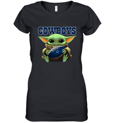 Baby Yoda Loves The Dallas Cowboys Star Wars Baby Yoda Hugs Cowboys NFL Womens V-Neck T-Shirt Womens V-Neck T-Shirt - VeigarTee