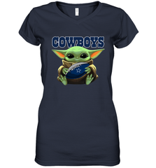 Baby Yoda Loves The Dallas Cowboys Star Wars Baby Yoda Hugs Cowboys NFL Womens V-Neck T-Shirt Womens V-Neck T-Shirt - VeigarTee