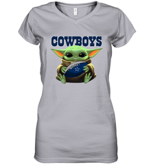 Baby Yoda Loves The Dallas Cowboys Star Wars Baby Yoda Hugs Cowboys NFL Womens V-Neck T-Shirt Womens V-Neck T-Shirt - VeigarTee