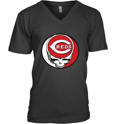 Cincinnati Reds Grateful Dead Steal Your Face Baseball Mens V-Neck T-Shirt Mens V-Neck T-Shirt / Black / S Mens V-Neck T-Shirt - VeigarTee