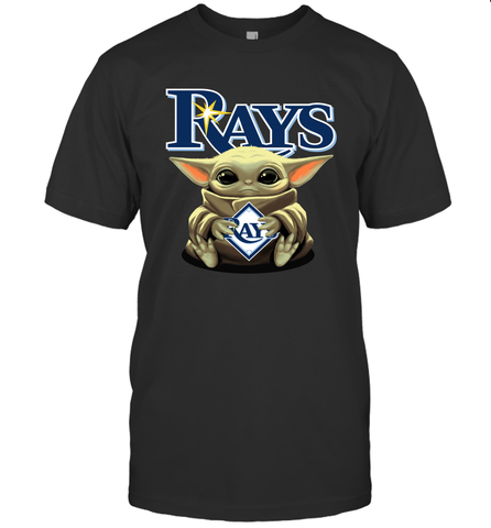 Baby Yoda Hugs Loves The Tampa Bay Rays Baseball Mens T-Shirt Mens T-Shirt / Black / S Mens T-Shirt - VeigarTee